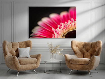 Großformatiges Blumen-Wandbild Federschmuck in einem Wohnzimmer über zwei Sesseln und einem Tisch